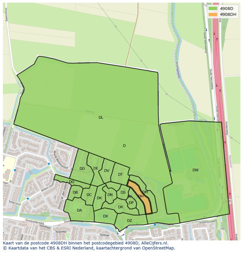 Afbeelding van het postcodegebied 4908 DH op de kaart.