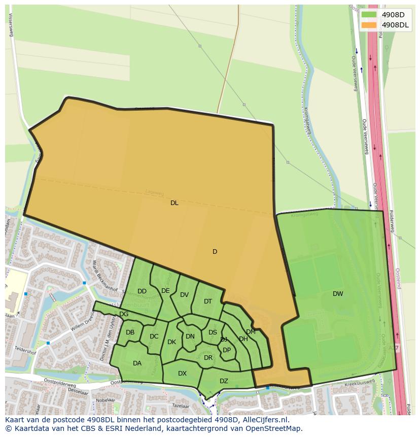 Afbeelding van het postcodegebied 4908 DL op de kaart.