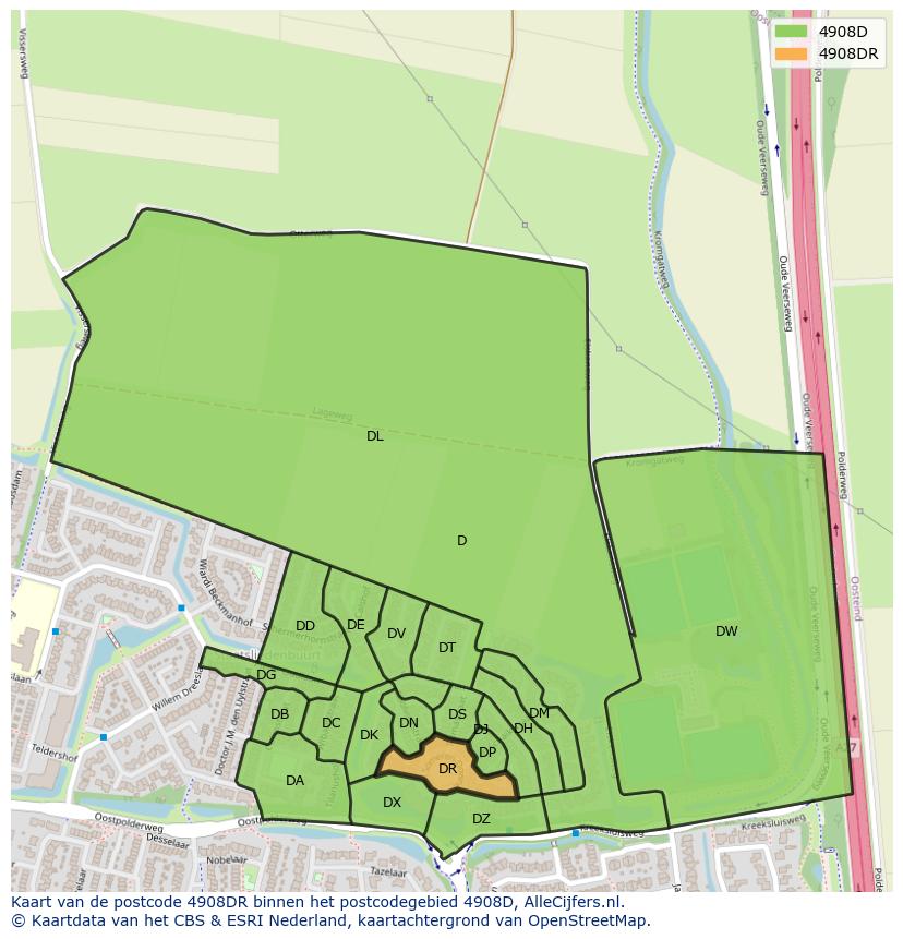 Afbeelding van het postcodegebied 4908 DR op de kaart.