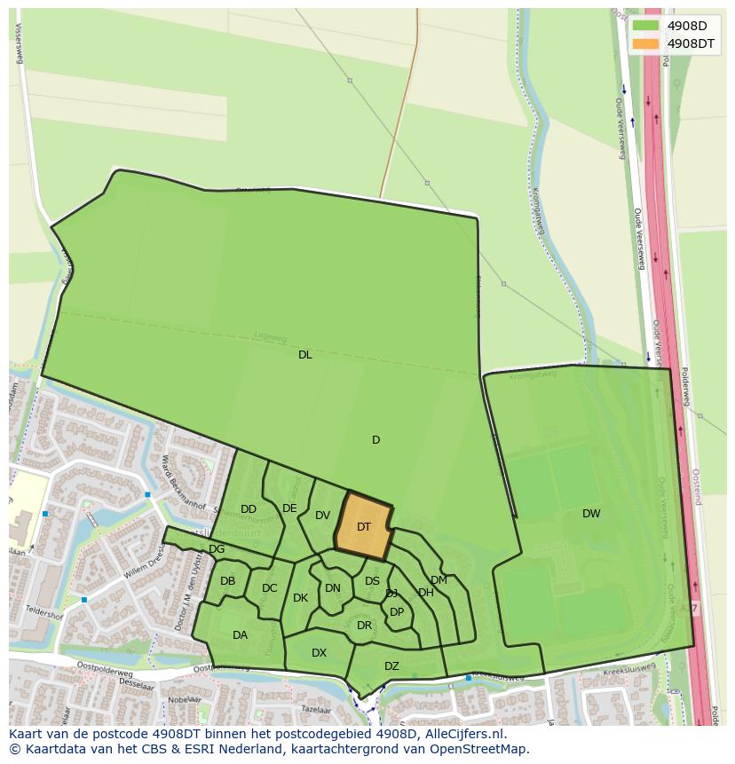 Afbeelding van het postcodegebied 4908 DT op de kaart.