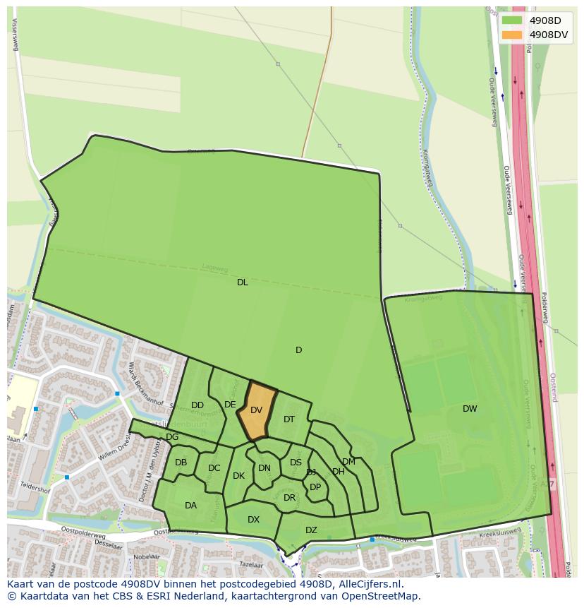 Afbeelding van het postcodegebied 4908 DV op de kaart.