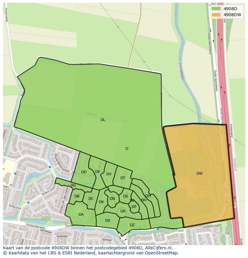 Afbeelding van het postcodegebied 4908 DW op de kaart.
