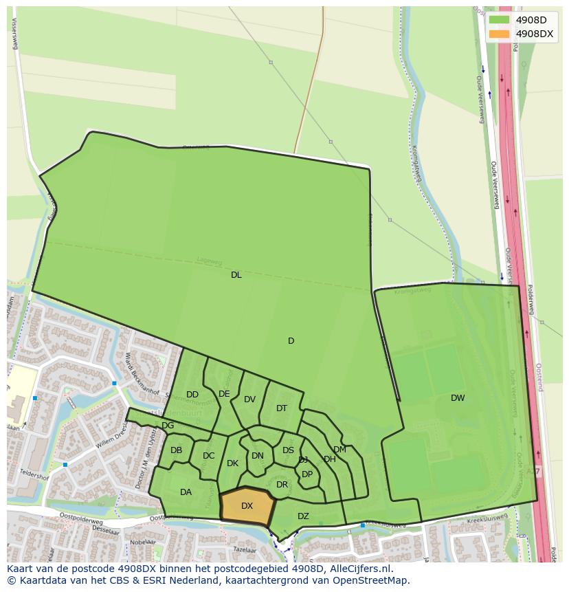Afbeelding van het postcodegebied 4908 DX op de kaart.