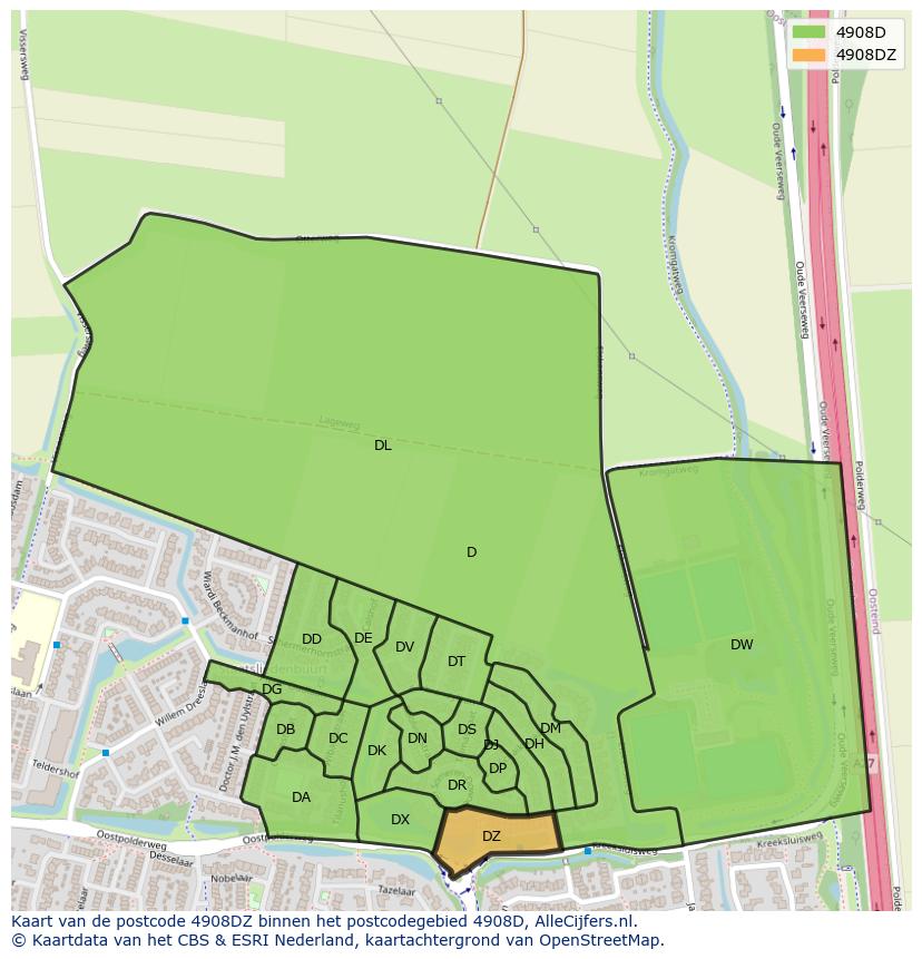 Afbeelding van het postcodegebied 4908 DZ op de kaart.