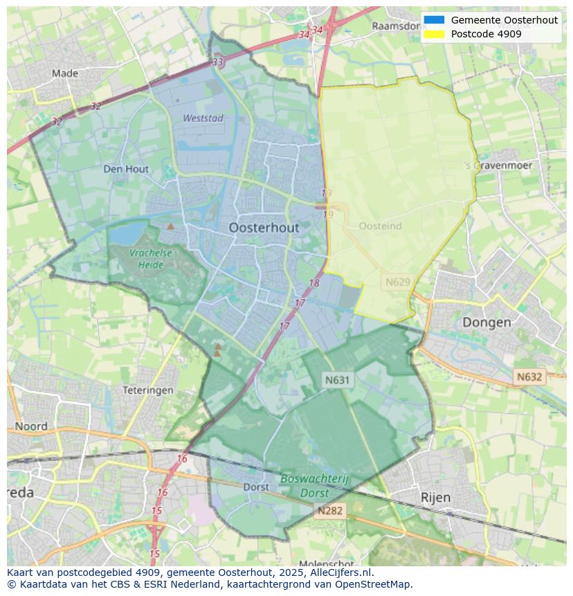 Afbeelding van het postcodegebied 4909 op de kaart.