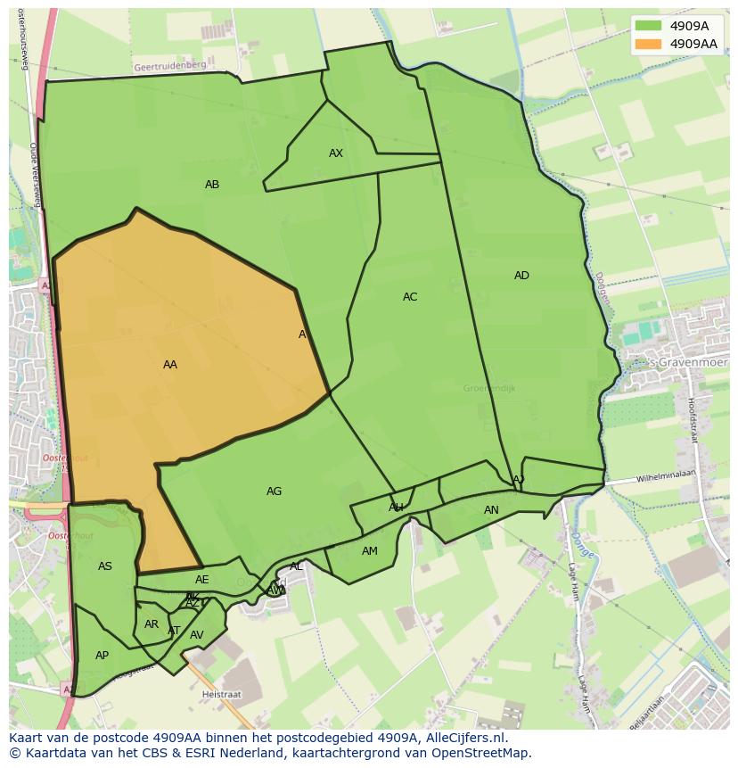 Afbeelding van het postcodegebied 4909 AA op de kaart.