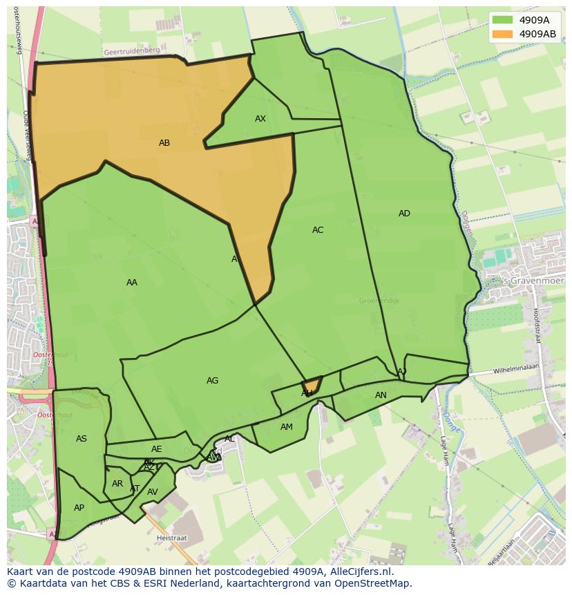 Afbeelding van het postcodegebied 4909 AB op de kaart.