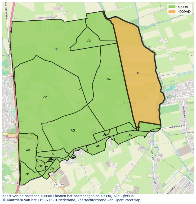 Afbeelding van het postcodegebied 4909 AD op de kaart.