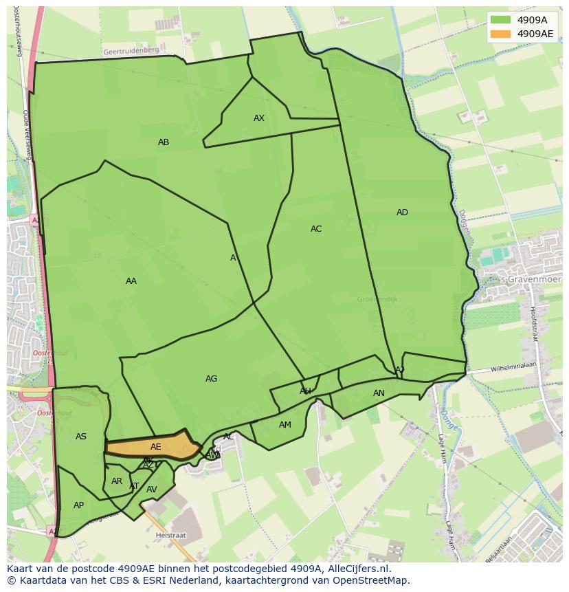 Afbeelding van het postcodegebied 4909 AE op de kaart.