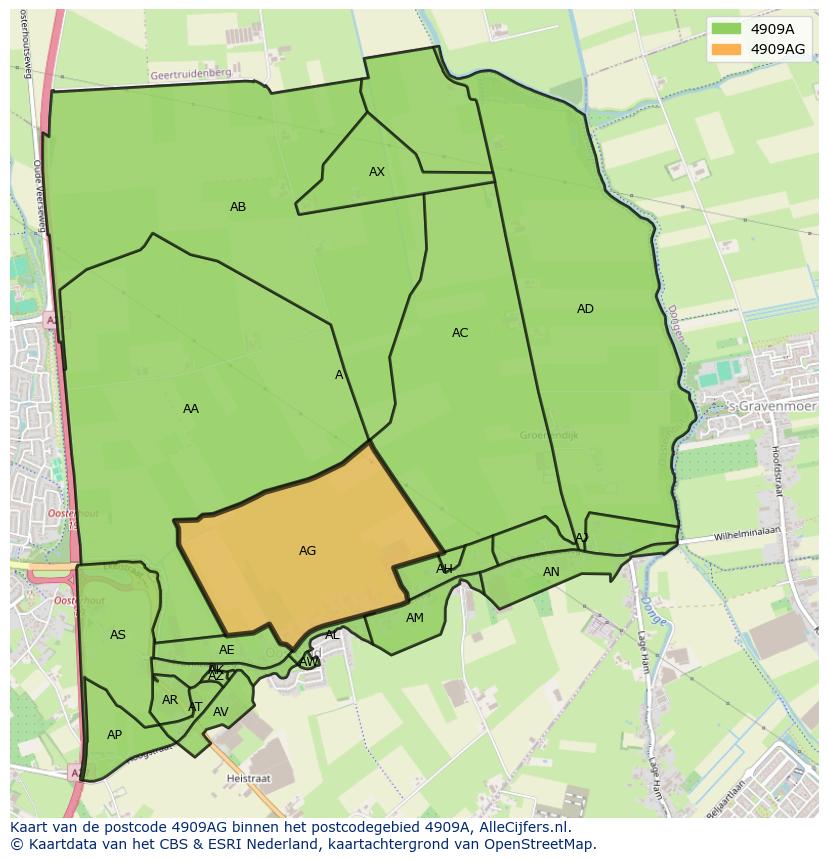Afbeelding van het postcodegebied 4909 AG op de kaart.
