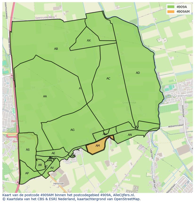 Afbeelding van het postcodegebied 4909 AM op de kaart.