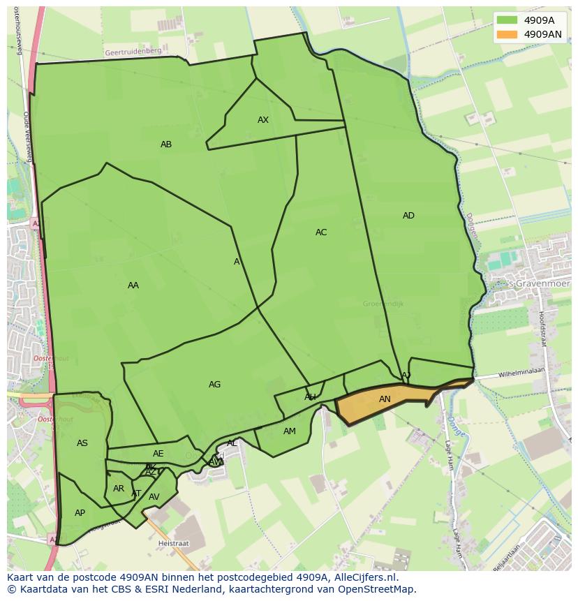 Afbeelding van het postcodegebied 4909 AN op de kaart.