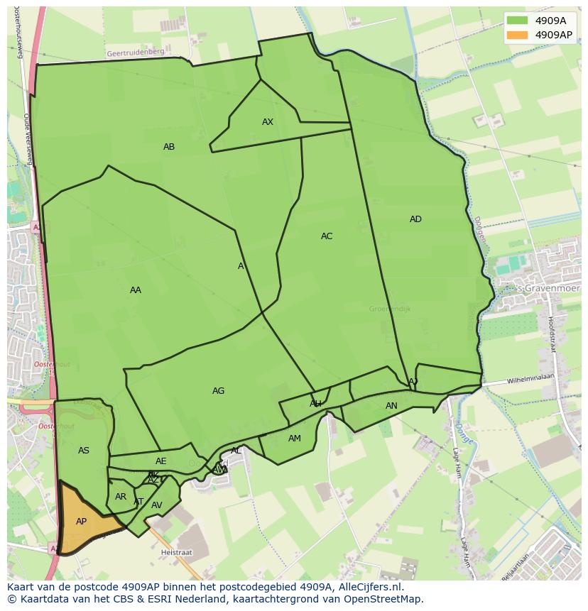 Afbeelding van het postcodegebied 4909 AP op de kaart.