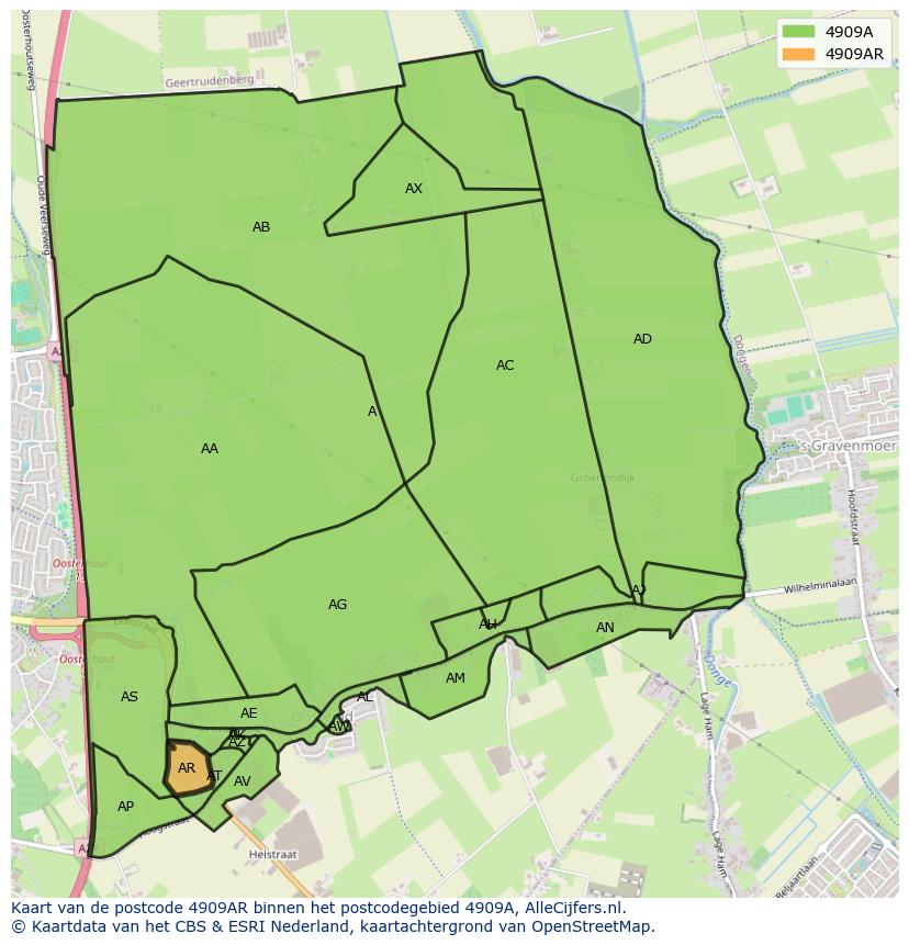Afbeelding van het postcodegebied 4909 AR op de kaart.