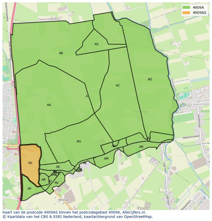 Afbeelding van het postcodegebied 4909 AS op de kaart.
