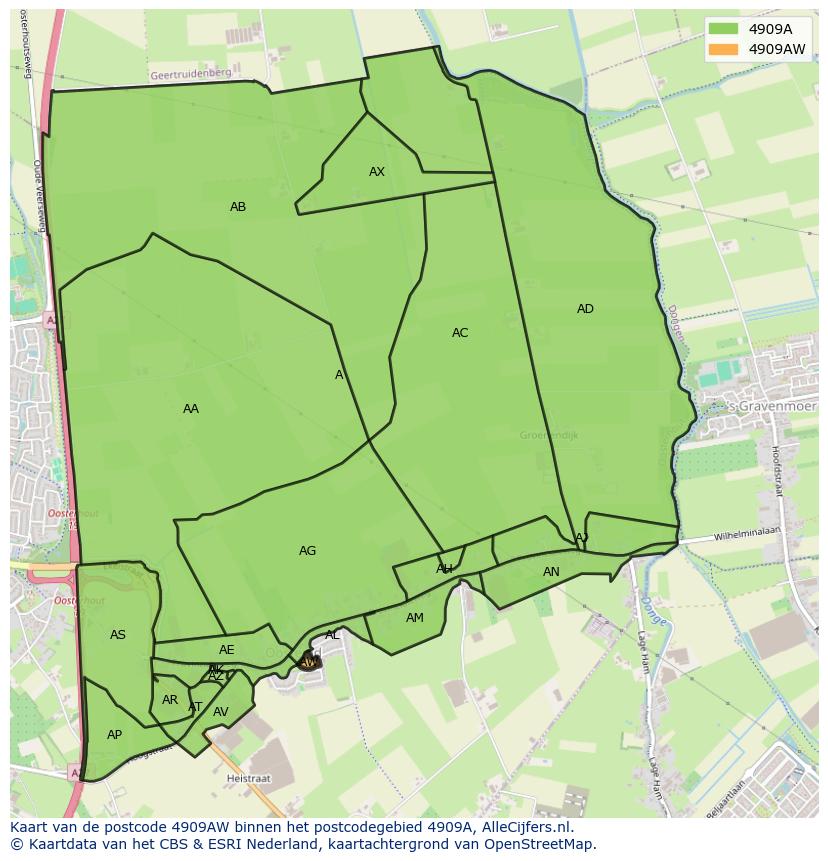 Afbeelding van het postcodegebied 4909 AW op de kaart.