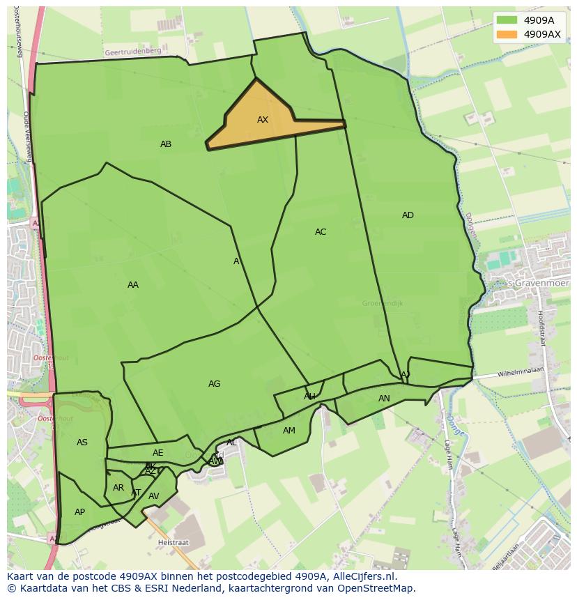 Afbeelding van het postcodegebied 4909 AX op de kaart.