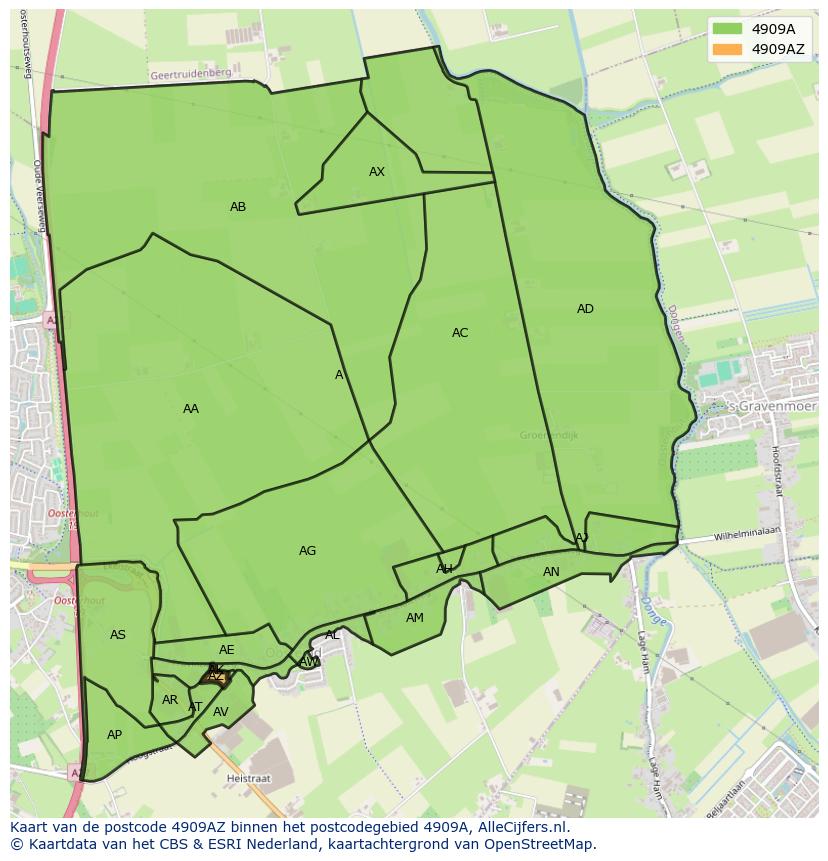 Afbeelding van het postcodegebied 4909 AZ op de kaart.