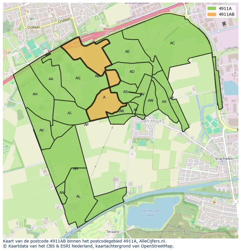 Afbeelding van het postcodegebied 4911 AB op de kaart.