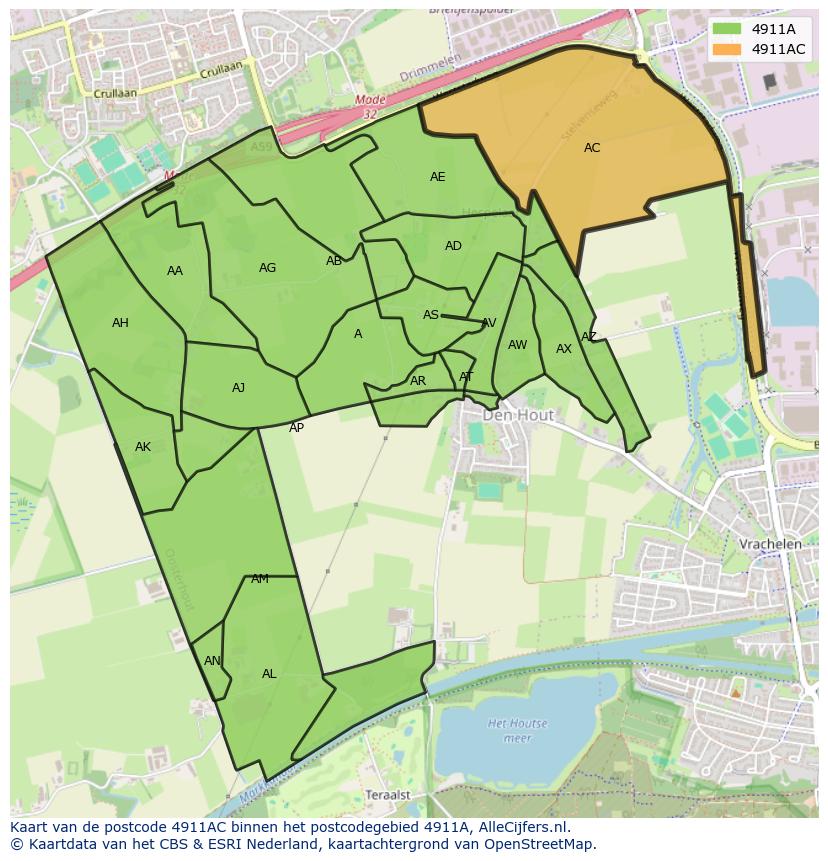 Afbeelding van het postcodegebied 4911 AC op de kaart.