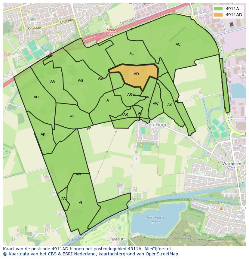 Afbeelding van het postcodegebied 4911 AD op de kaart.
