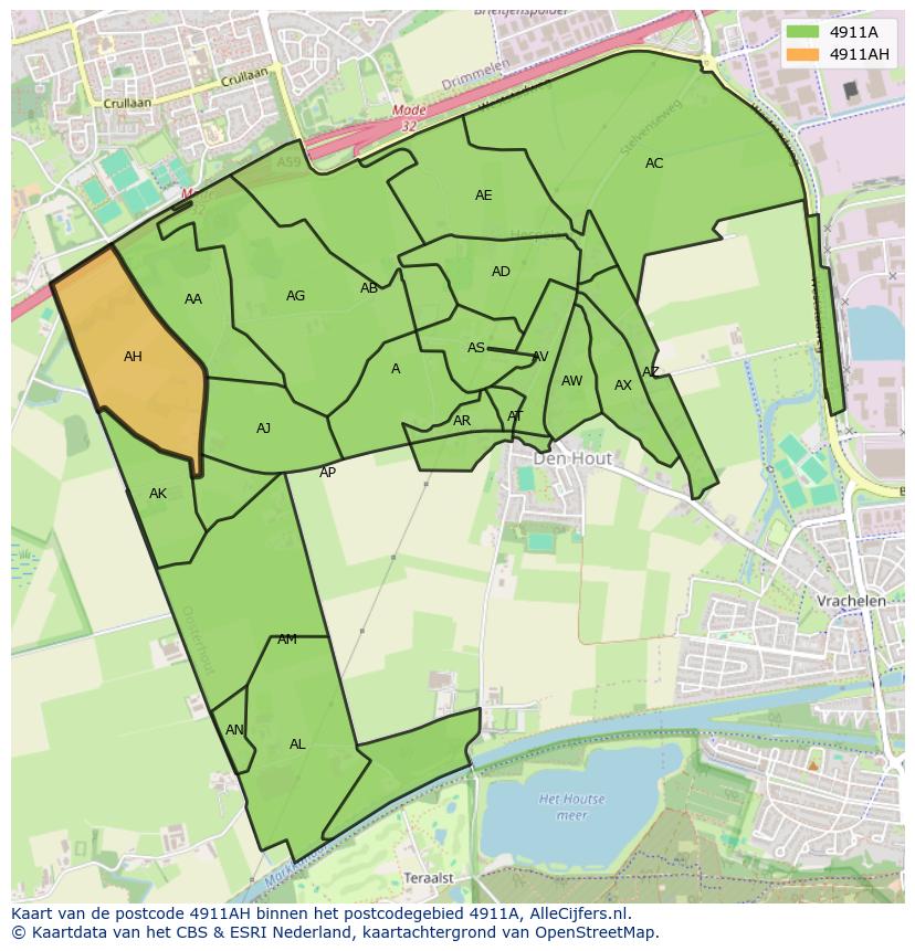 Afbeelding van het postcodegebied 4911 AH op de kaart.