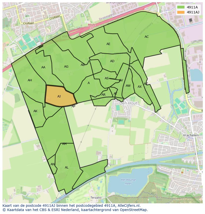 Afbeelding van het postcodegebied 4911 AJ op de kaart.