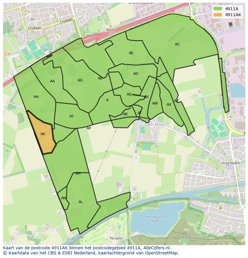 Afbeelding van het postcodegebied 4911 AK op de kaart.