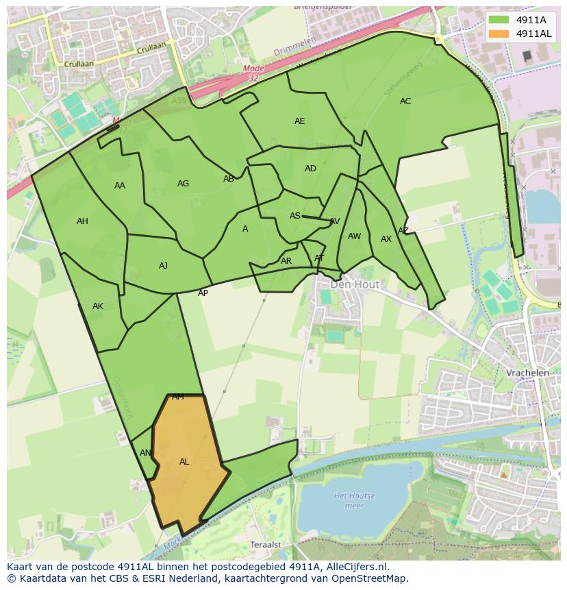Afbeelding van het postcodegebied 4911 AL op de kaart.