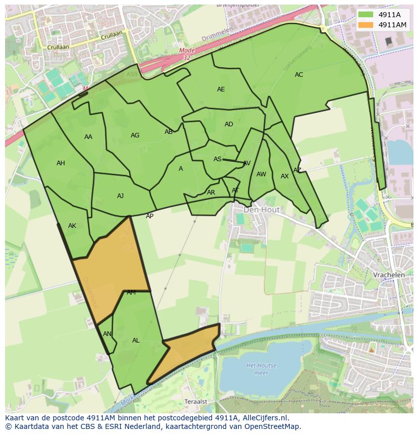 Afbeelding van het postcodegebied 4911 AM op de kaart.