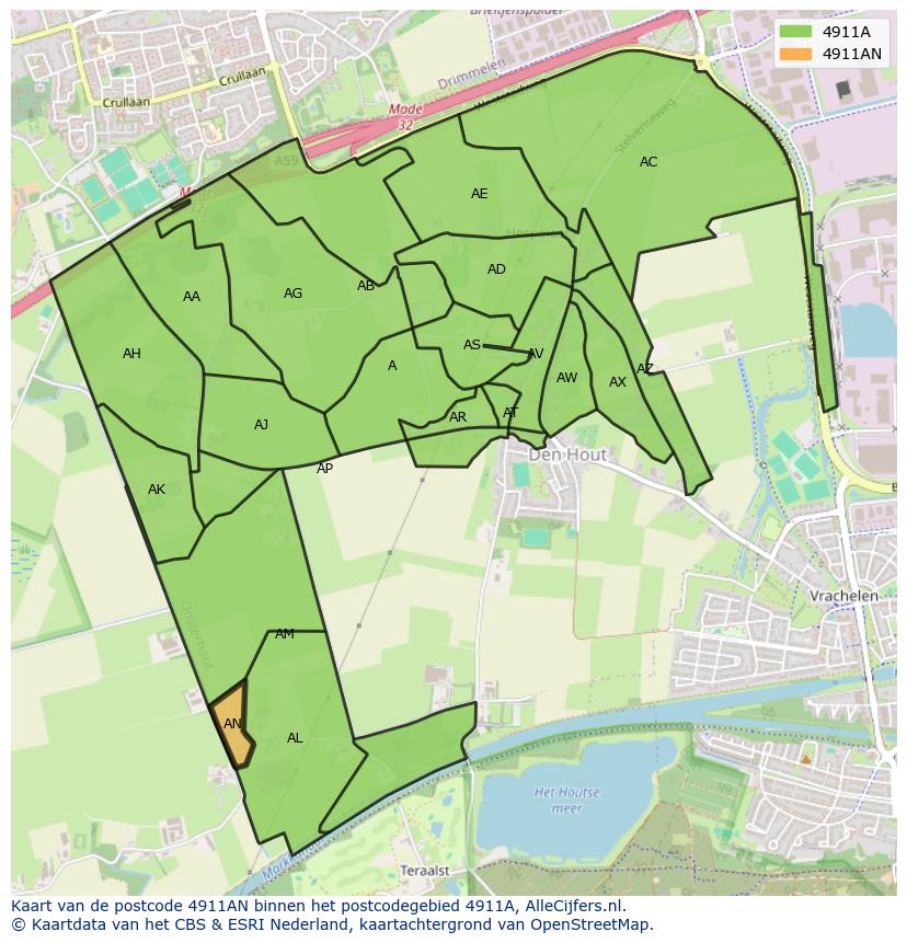 Afbeelding van het postcodegebied 4911 AN op de kaart.
