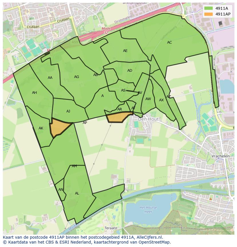 Afbeelding van het postcodegebied 4911 AP op de kaart.