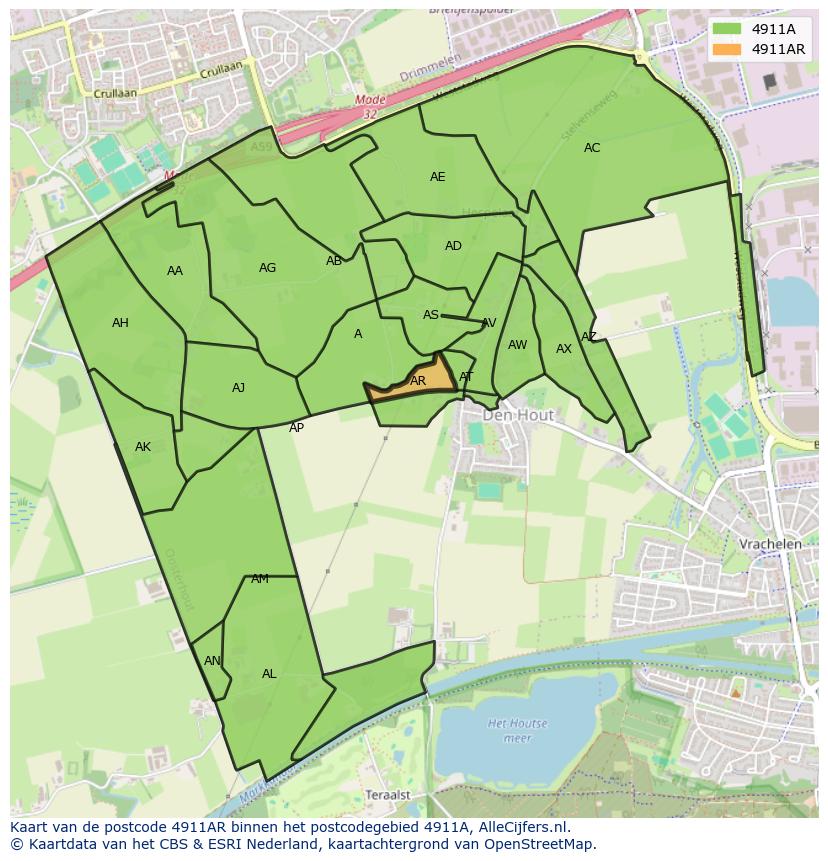 Afbeelding van het postcodegebied 4911 AR op de kaart.