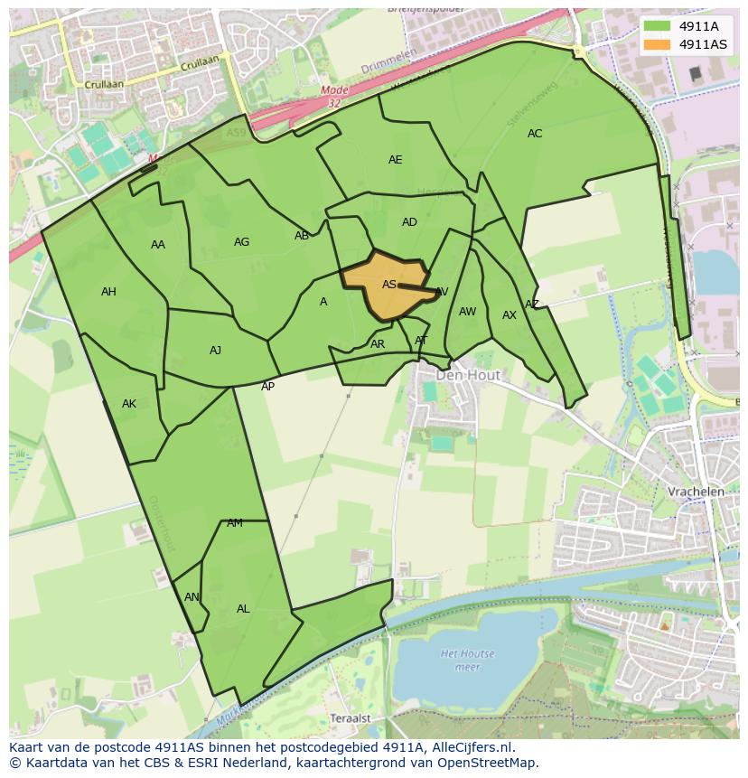 Afbeelding van het postcodegebied 4911 AS op de kaart.