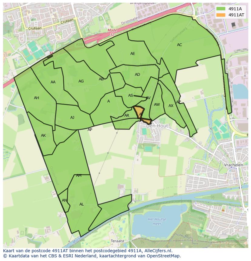 Afbeelding van het postcodegebied 4911 AT op de kaart.