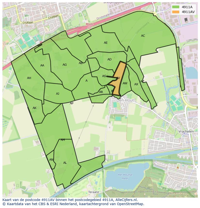 Afbeelding van het postcodegebied 4911 AV op de kaart.