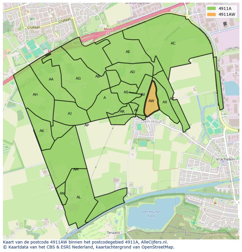 Afbeelding van het postcodegebied 4911 AW op de kaart.