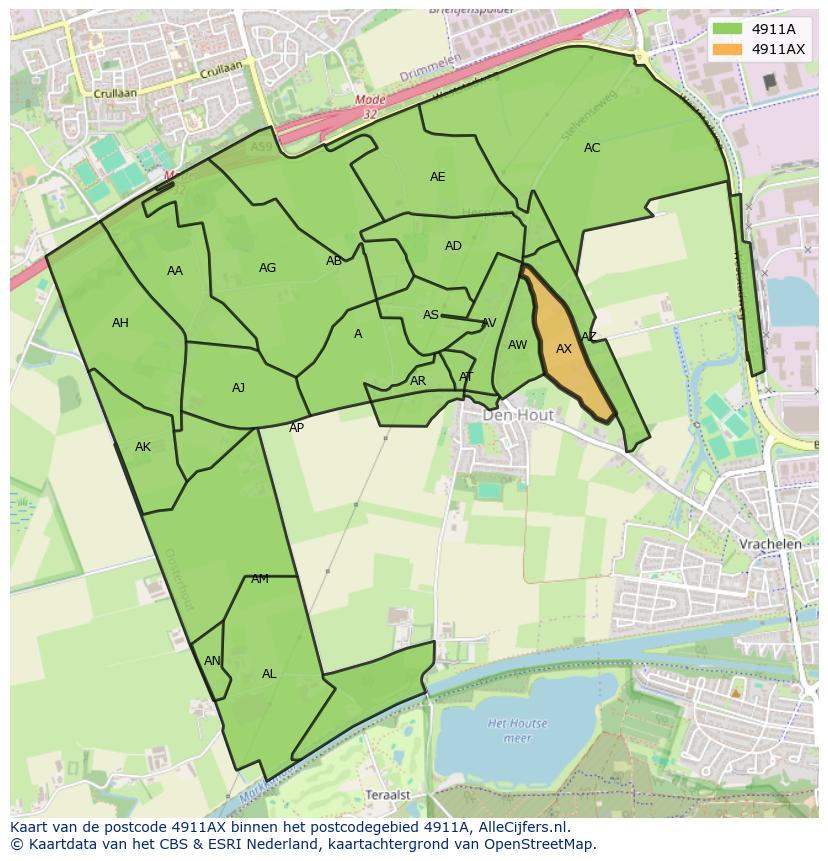 Afbeelding van het postcodegebied 4911 AX op de kaart.