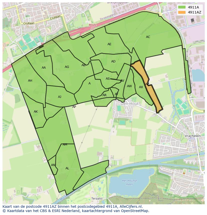 Afbeelding van het postcodegebied 4911 AZ op de kaart.