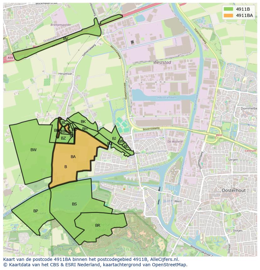 Afbeelding van het postcodegebied 4911 BA op de kaart.