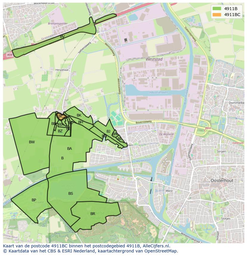 Afbeelding van het postcodegebied 4911 BC op de kaart.