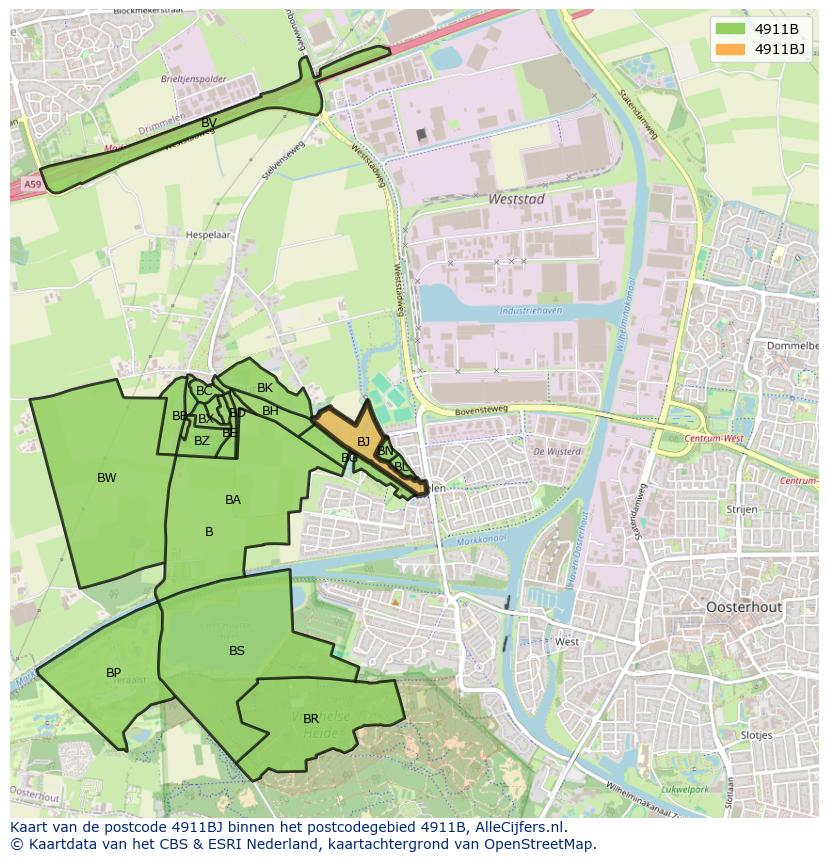 Afbeelding van het postcodegebied 4911 BJ op de kaart.