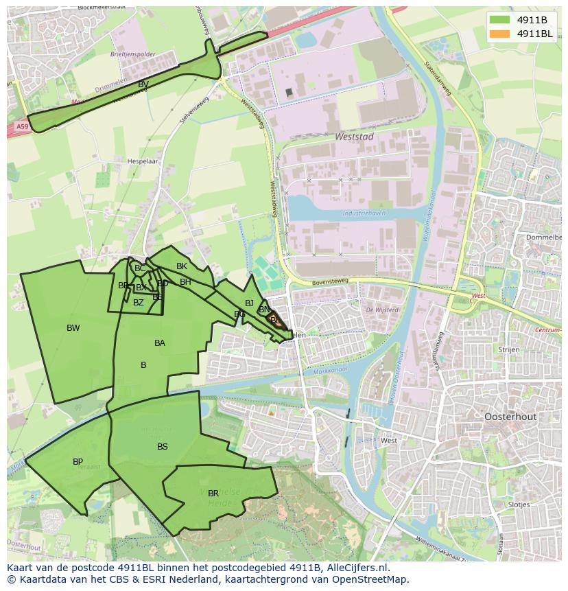 Afbeelding van het postcodegebied 4911 BL op de kaart.