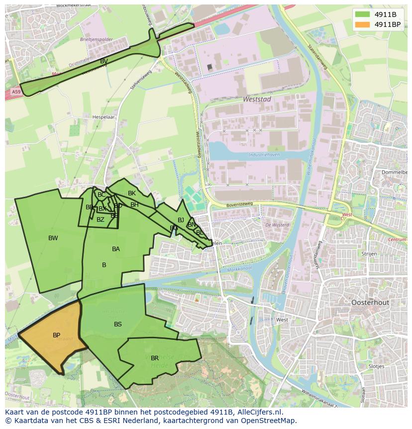 Afbeelding van het postcodegebied 4911 BP op de kaart.