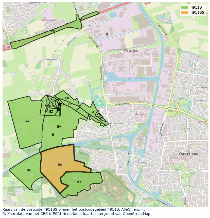 Afbeelding van het postcodegebied 4911 BS op de kaart.