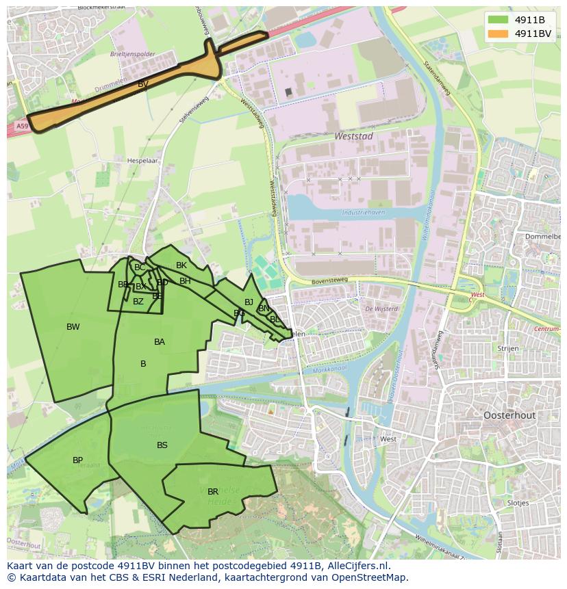 Afbeelding van het postcodegebied 4911 BV op de kaart.