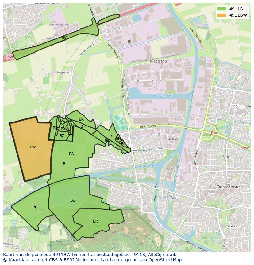 Afbeelding van het postcodegebied 4911 BW op de kaart.