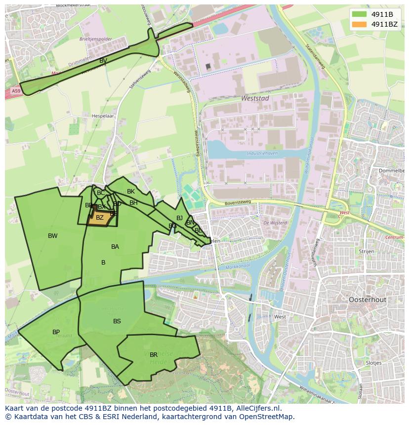 Afbeelding van het postcodegebied 4911 BZ op de kaart.