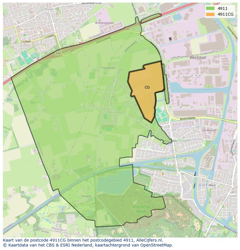 Afbeelding van het postcodegebied 4911 CG op de kaart.