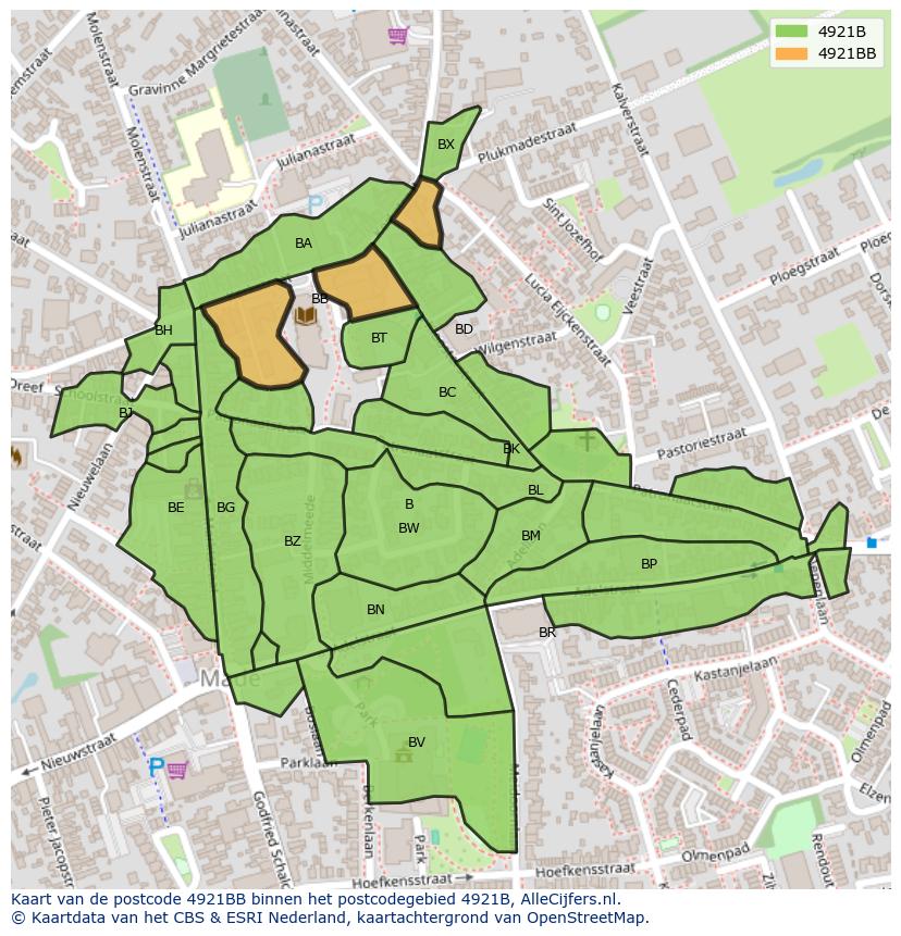 Afbeelding van het postcodegebied 4921 BB op de kaart.
